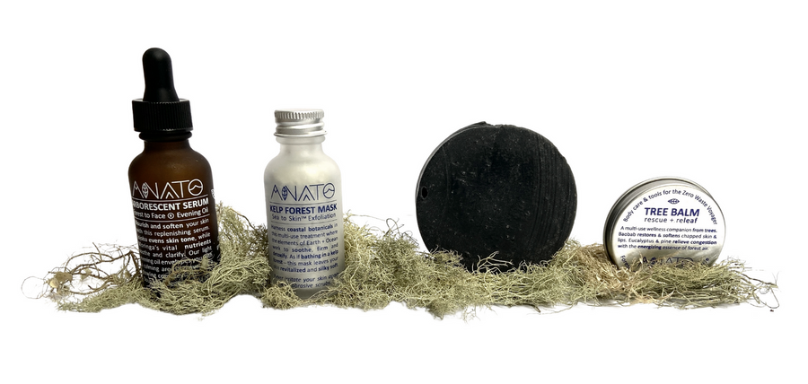 Zero Waste Voyager Kit includes 1 Arborescent serum (large, 30 ml) + 1 Black Cedar Soap + 1 Kelp Forest Face Mask, + 1 TREE balm +  2 Tree I.D. postcards (green and tan) Anato Forest to Face Skincare