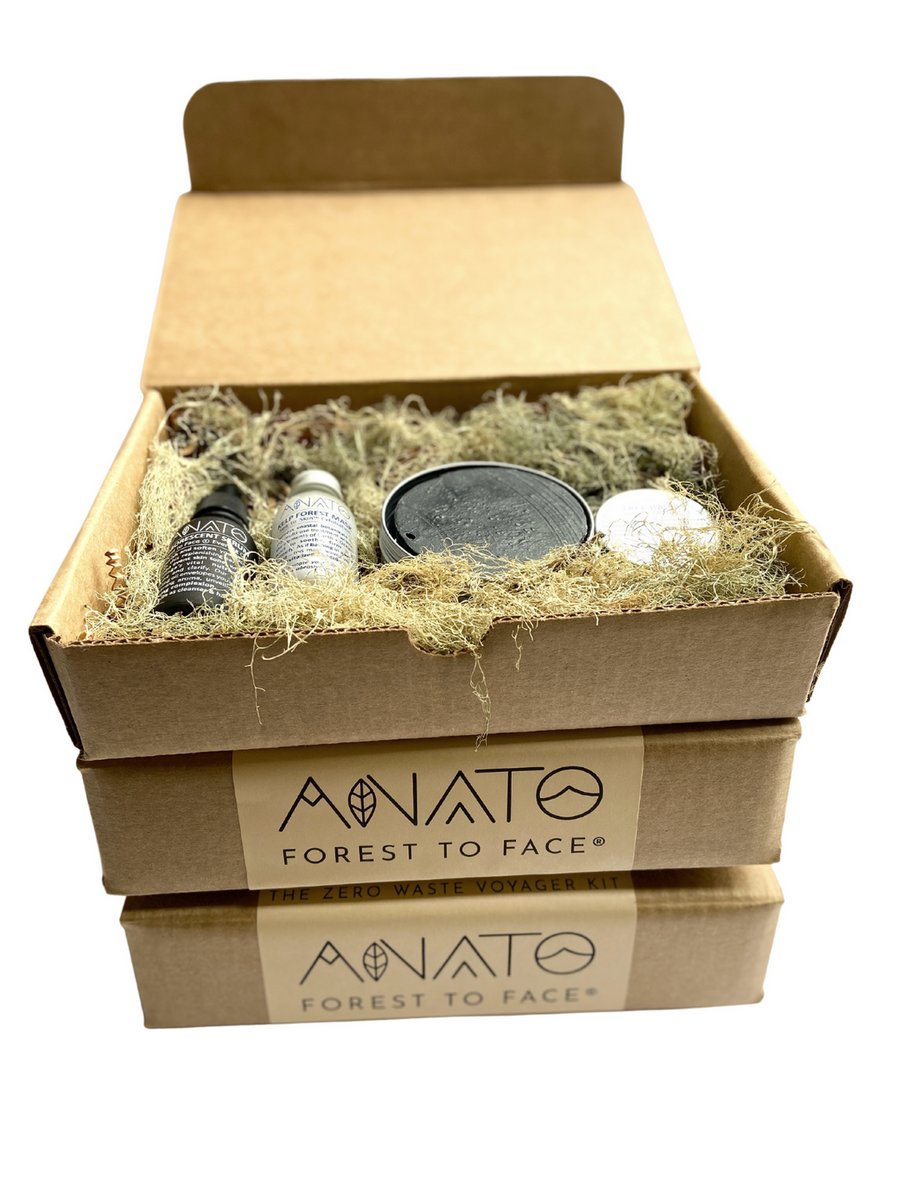 Zero Waste Voyager Kit includes 1 Arborescent serum (large, 30 ml) + 1 Black Cedar Soap + 1 Kelp Forest Face Mask, + 1 TREE balm +  2 Tree I.D. postcards (green and tan) Anato Forest to Face Skincare