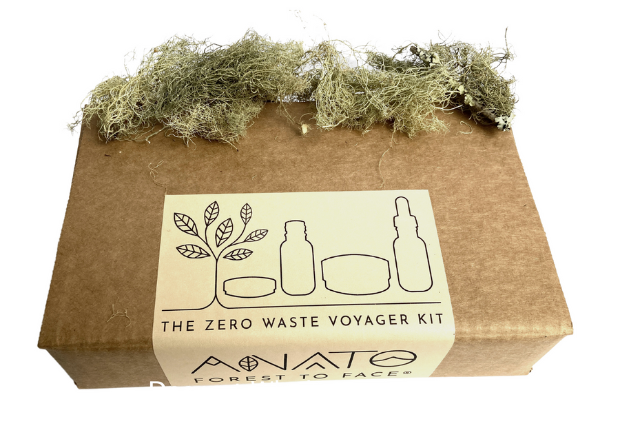Zero Waste Voyager Kit includes 1 Arborescent serum (large, 30 ml) + 1 Black Cedar Soap + 1 Kelp Forest Face Mask, + 1 TREE balm +  2 Tree I.D. postcards (green and tan) Anato Forest to Face Skincare